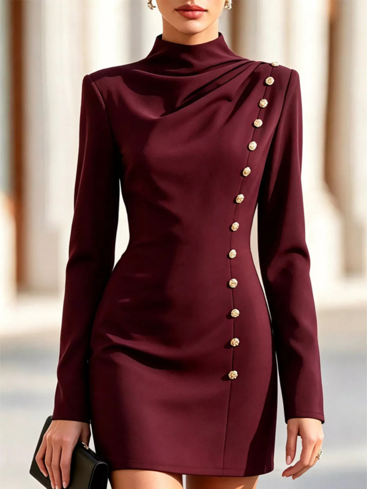 Mock Neck Long-Sleeve Bodycon Dress with Gold-Tone Button Detailing in Burgundy
