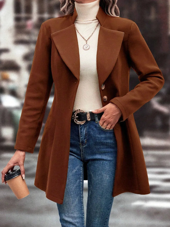 Collared Neck Long Sleeve Longline Coat in Brown
