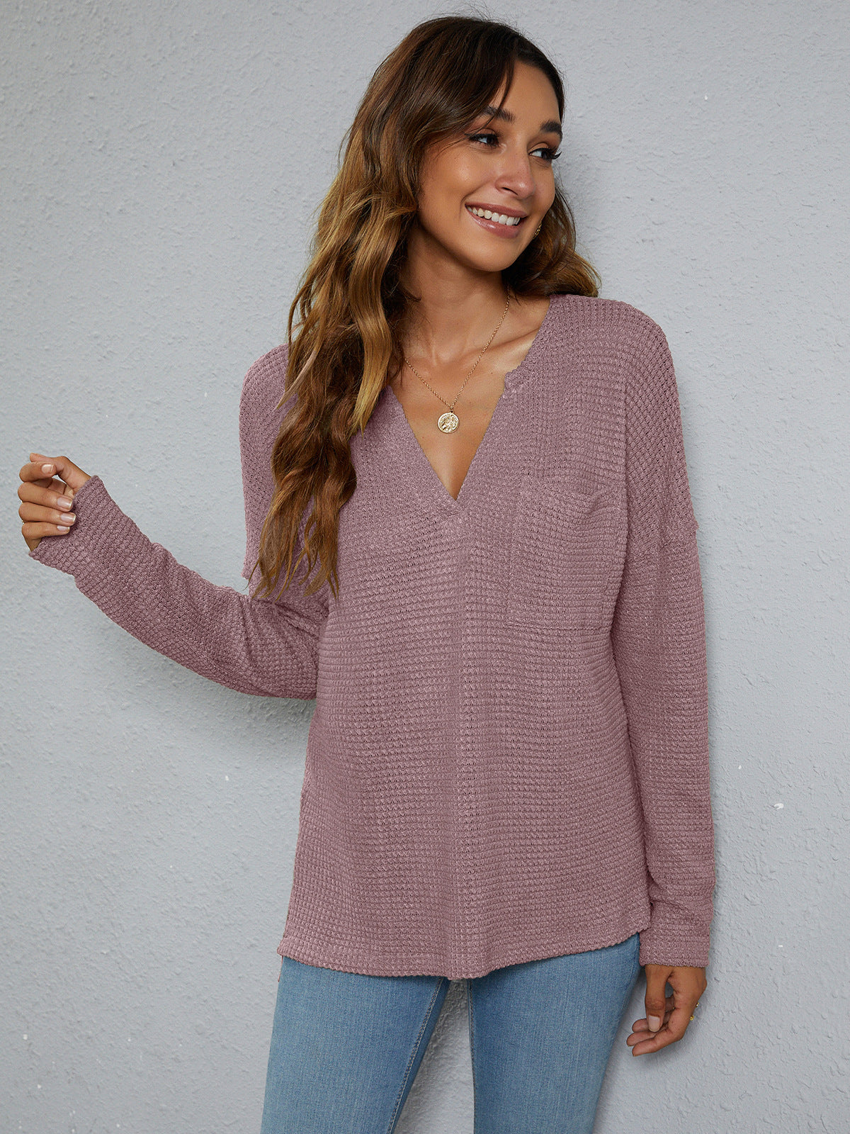 Dropped Shoulder High-Low Waffle-Knit Top, view 10