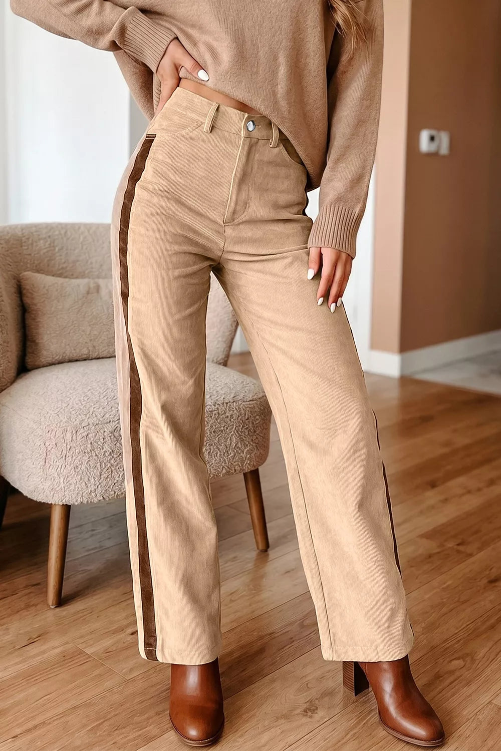 Corduroy Side Panel Colorblock Straight Leg Pants in Tan, view 3