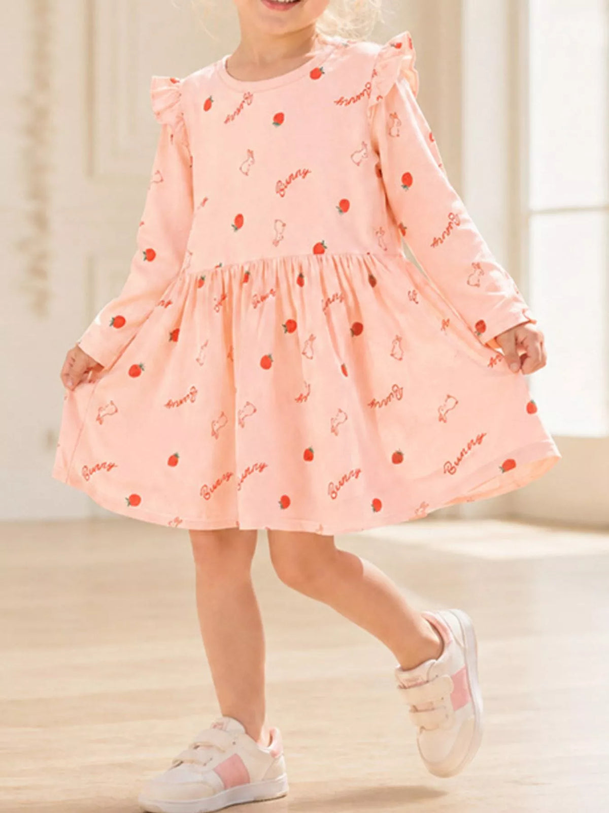 Children's Strawberry and Bunny Print Ruffled Long-Sleeve A-Line Dress - Lilixa.store