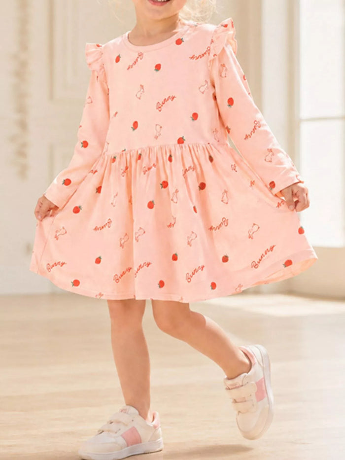 Children's Strawberry and Bunny Print Ruffled Long-Sleeve A-Line Dress - Lilixa.store