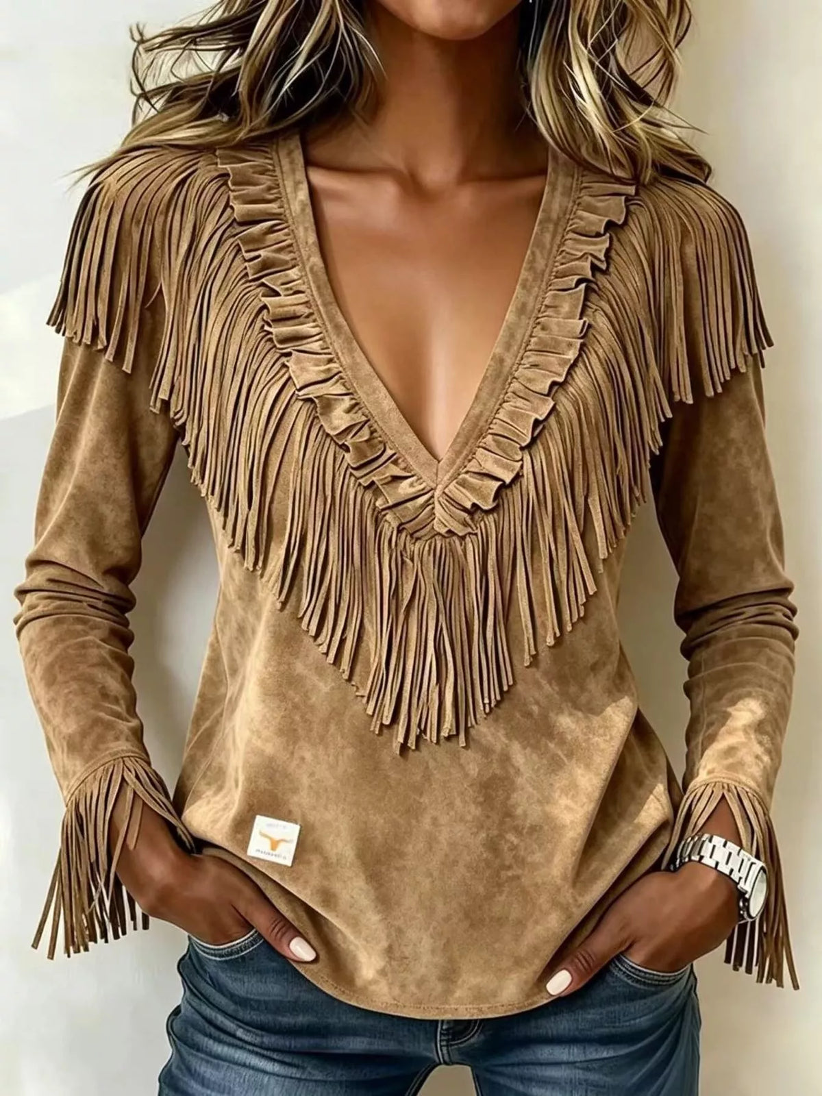 Fringed V-Neck Blouse