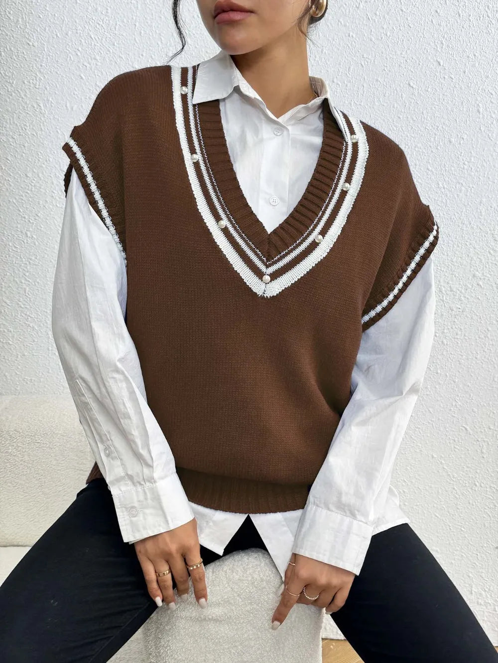 Pearl Trim Contrast V-Neck Sweater Vest, view 4