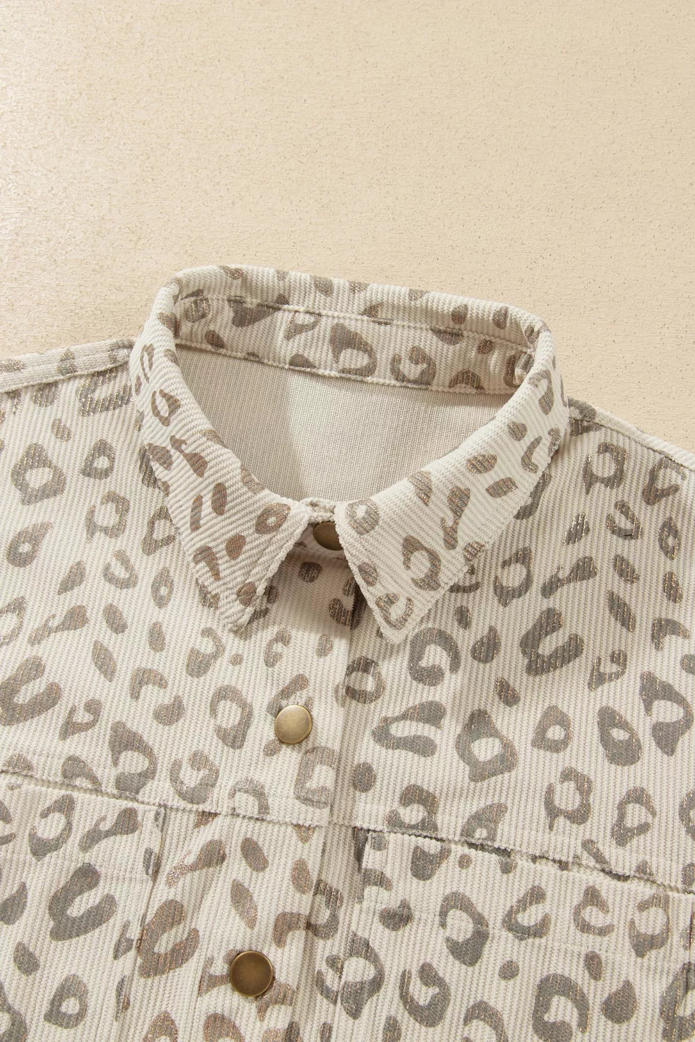 Leopard Print Corduroy Shirt Collar Long Sleeve Regular Fit Jacket in Khaki, view 10