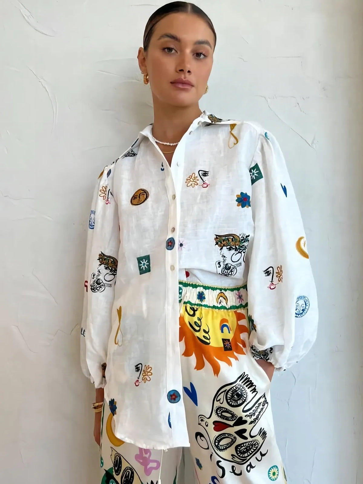 Printed Button Up Long Sleeve Shirt - Lilixa.store