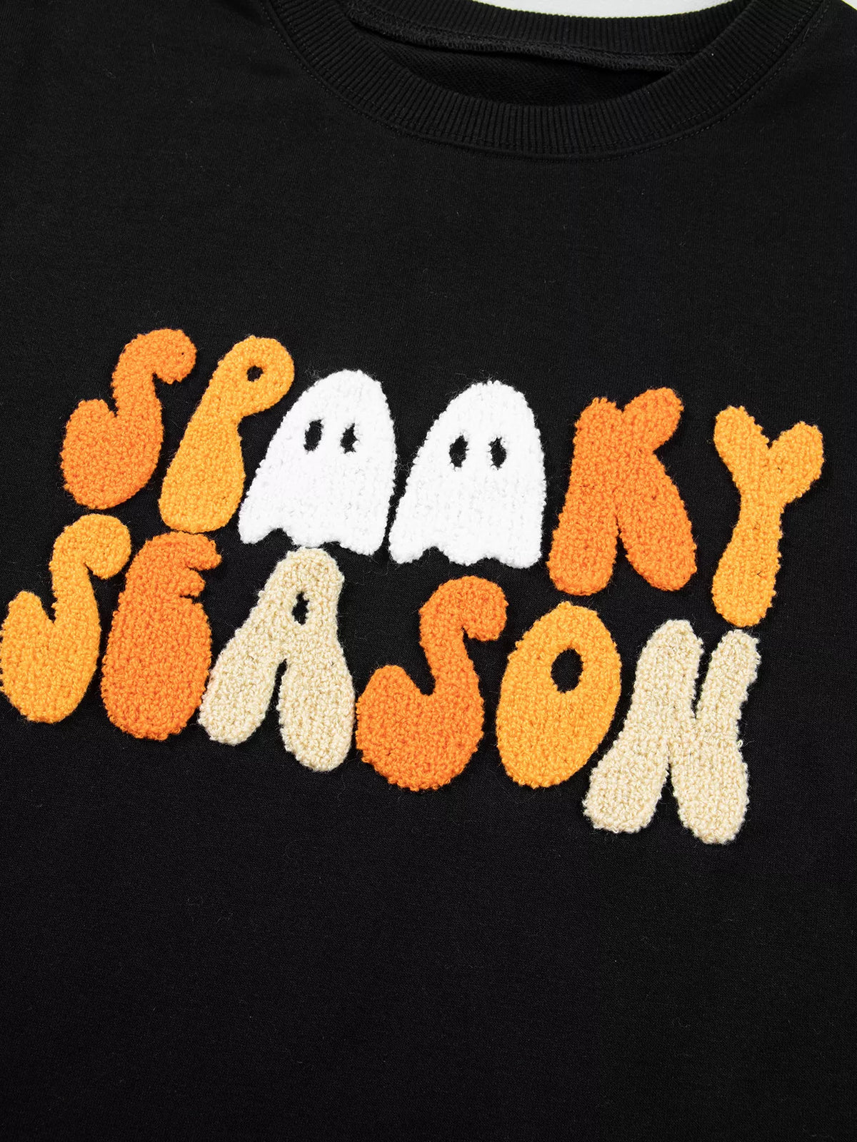 Embroidered Spooky Season Long Sleeve Round Neck Sweatshirt - Lilixa.store