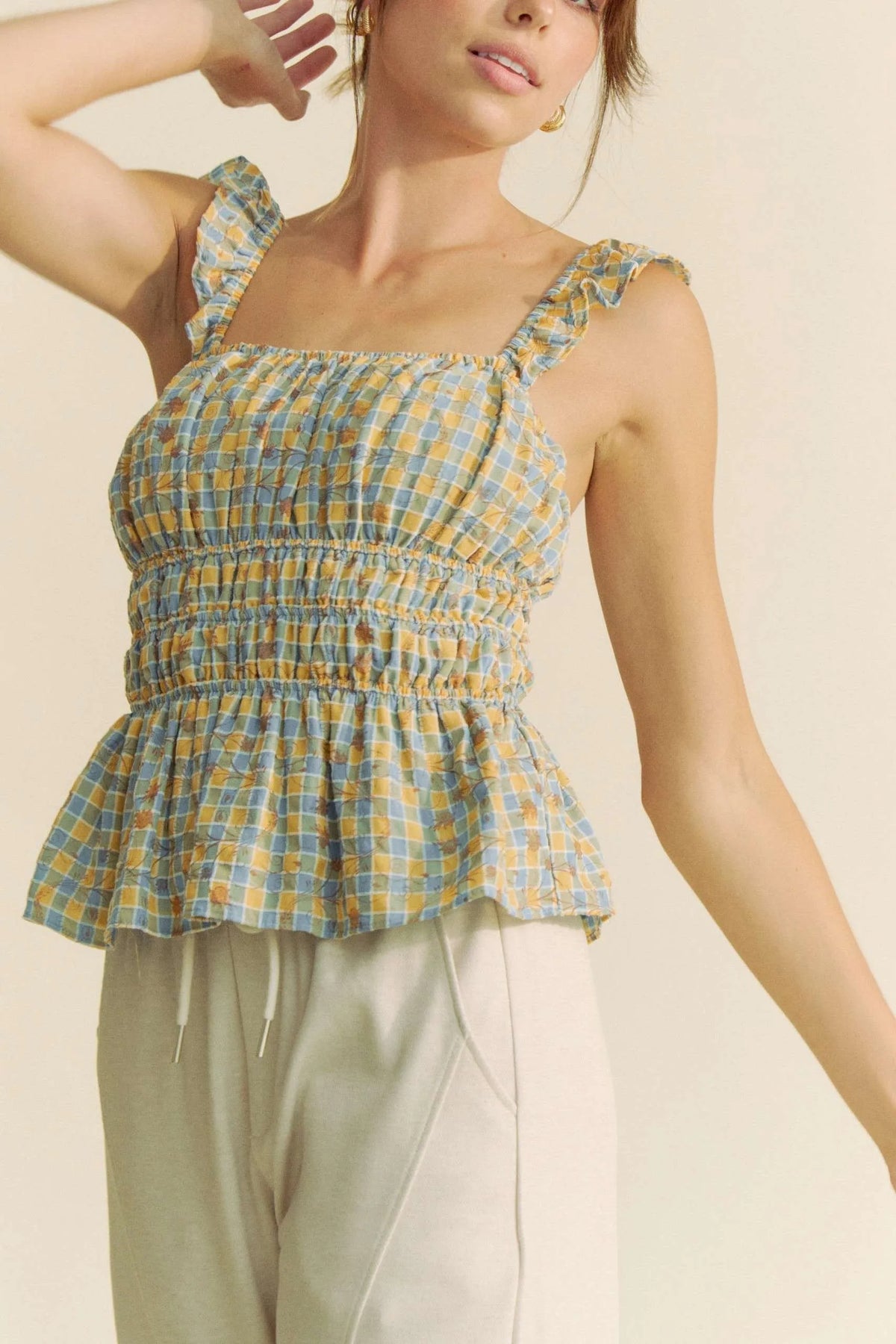 Davi & Dani Plaid Ruffled Strap Smocked Sleeveless Top - Lilixa.store