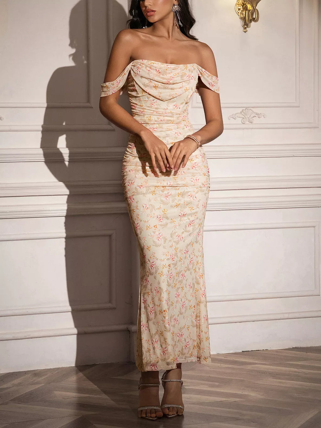 Off-Shoulder Ruched Floral Mermaid Dress - Lilixa.store