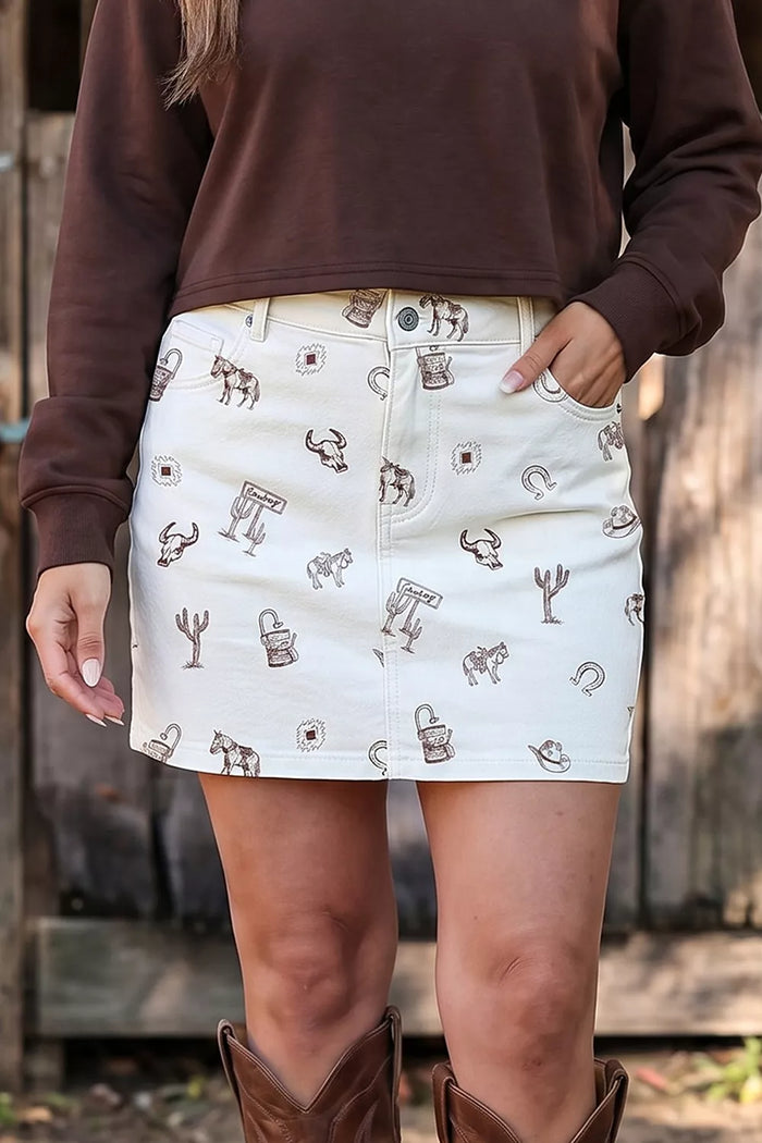 Western Print Cactus Horse Bull Denim Skirt - Lilixa.store