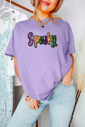 Full Size Spooky Sequin Letter Patched Cotton Blend T Shirt Plus Size - Lilixa.store