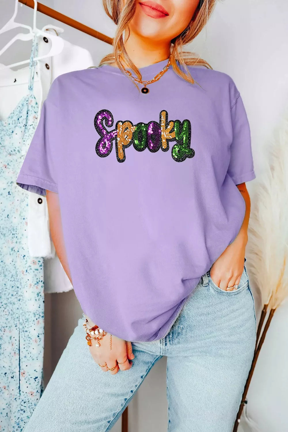 Full Size Spooky Sequin Letter Patched Cotton Blend T Shirt Plus Size - Lilixa.store