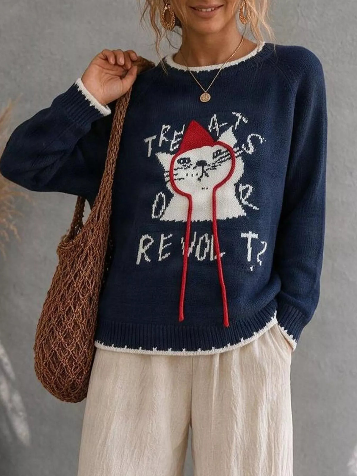 Cat Raglan Sleeve Sweater - Lilixa.store