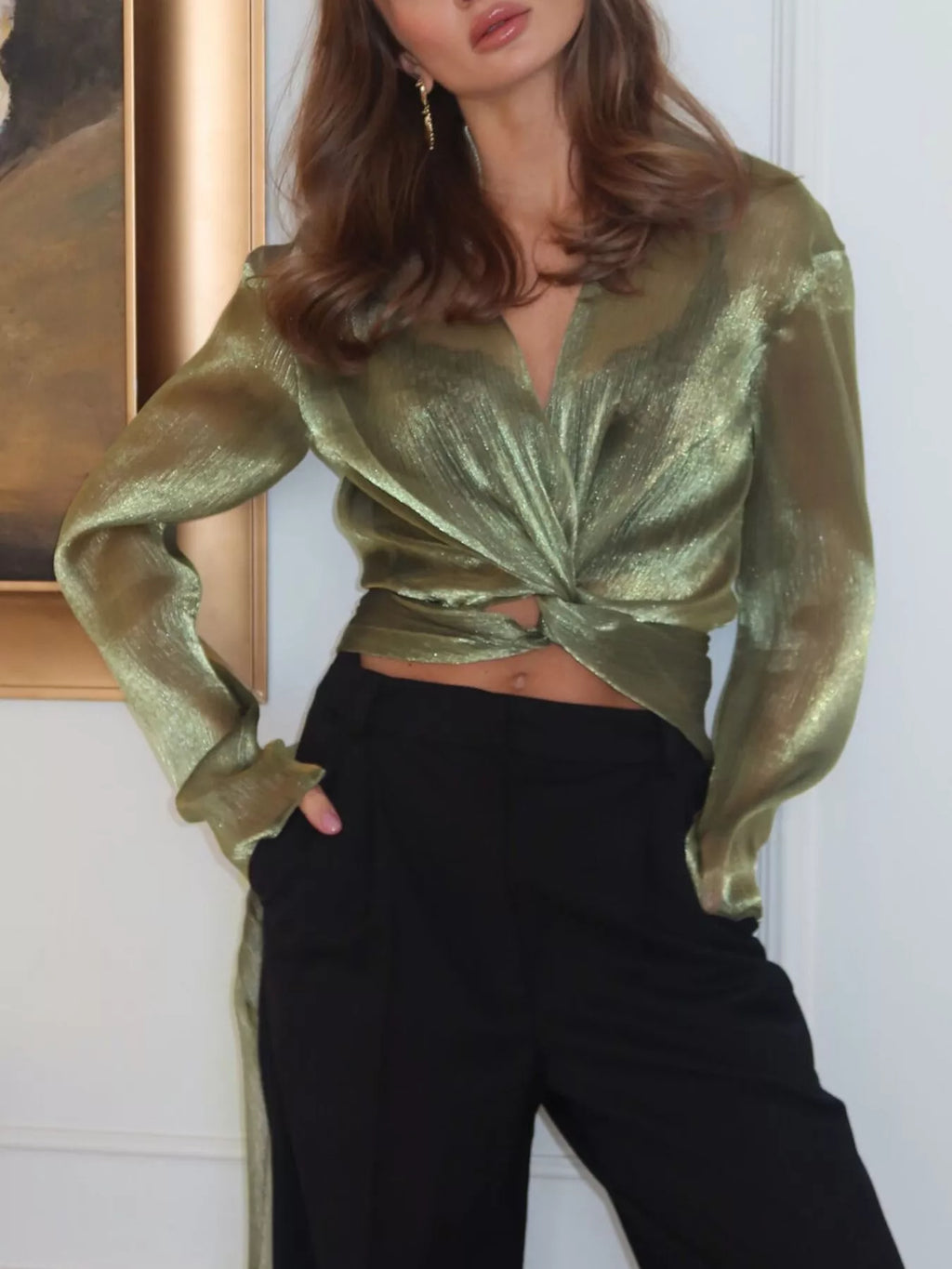 Sheer Front Tie Detail Long Sleeve Shirt - Lilixa.store