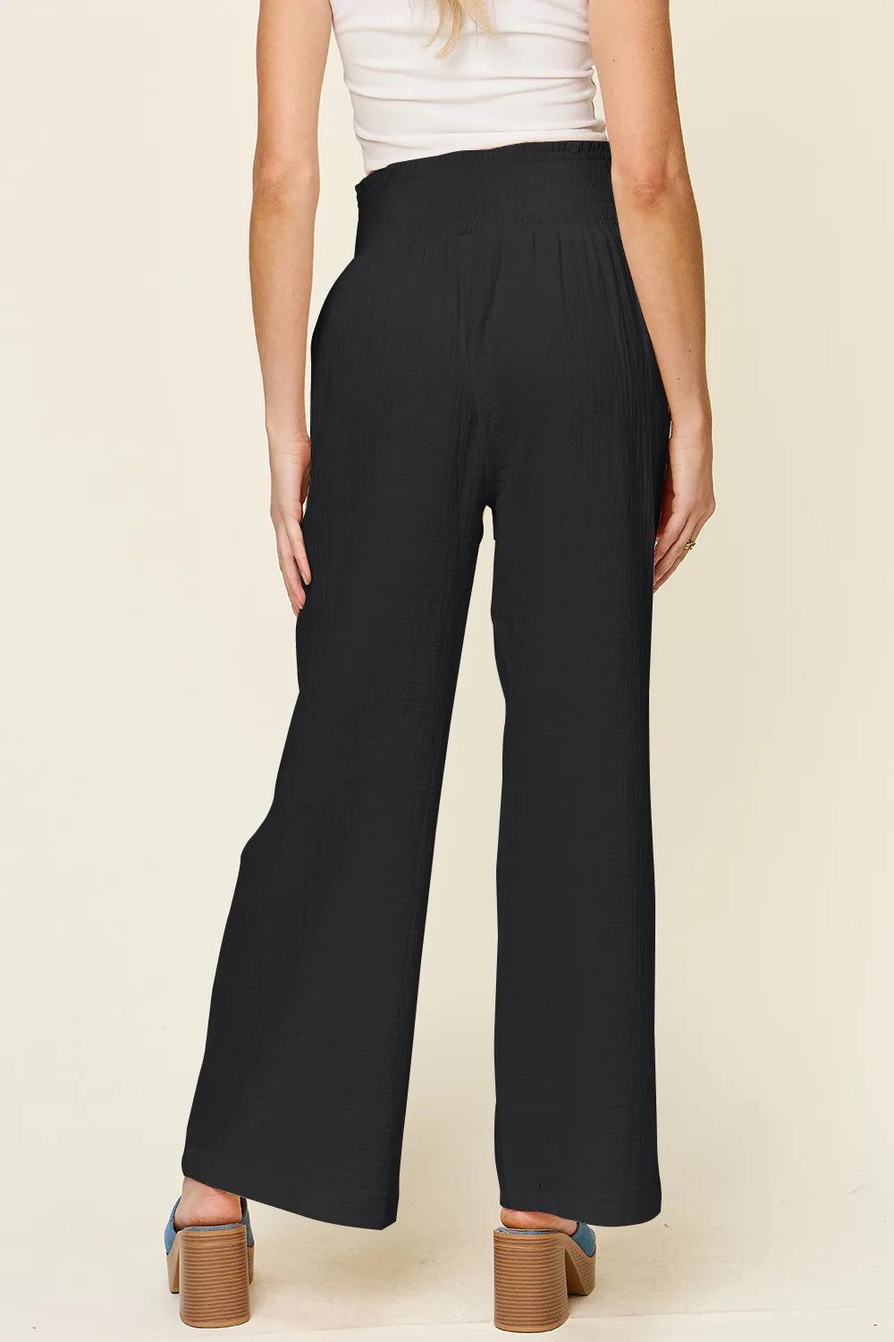 Double Take Full Size Texture Smocked Waist Wide Leg Pants - Lilixa.store