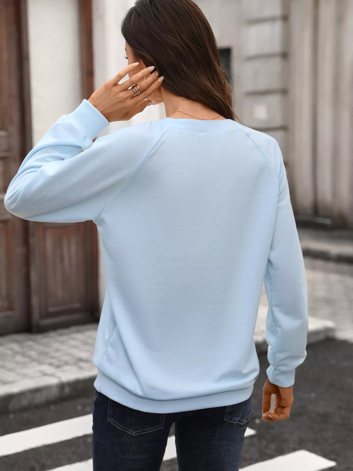 Notched Raglan Sleeve Sweatshirt - Lilixa.store
