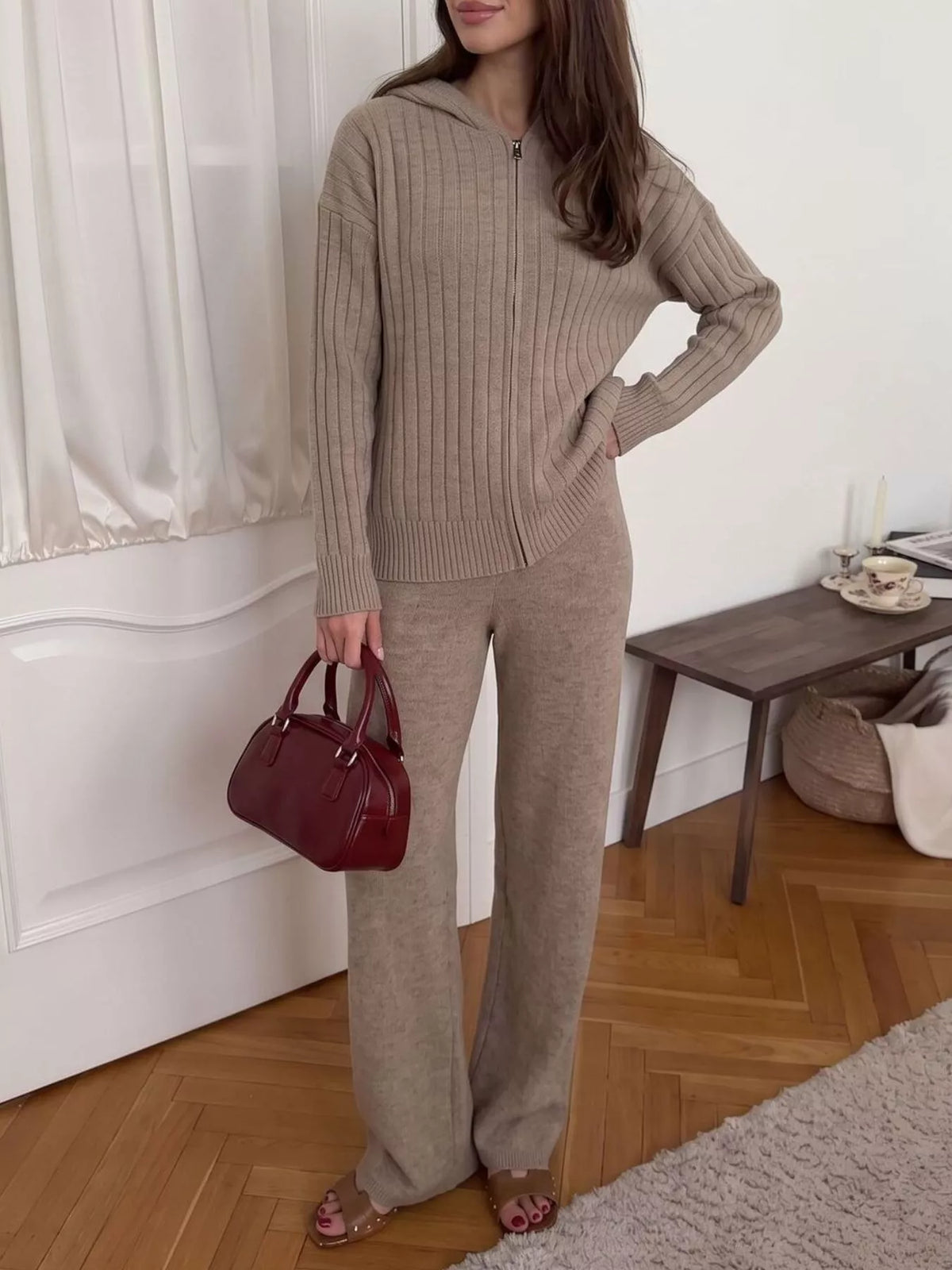 Cozy Ribbed Knit Zip-Up Hoodie and Wide-Leg Pants Sweater Set