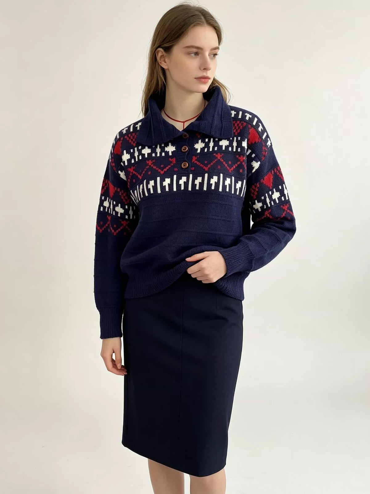 Vintage-Inspired Fair Isle Patterned Polo Sweater in Navy Blue