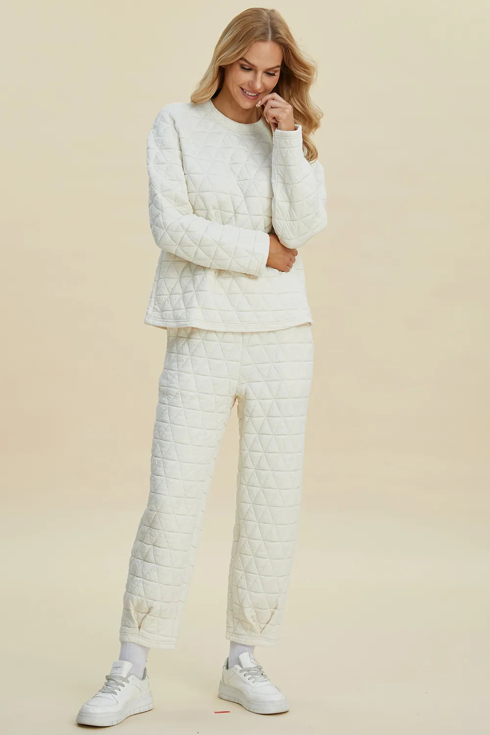 Double Take Full Size Texture Round Neck Long Sleeve Top and Pants Set - Lilixa.store
