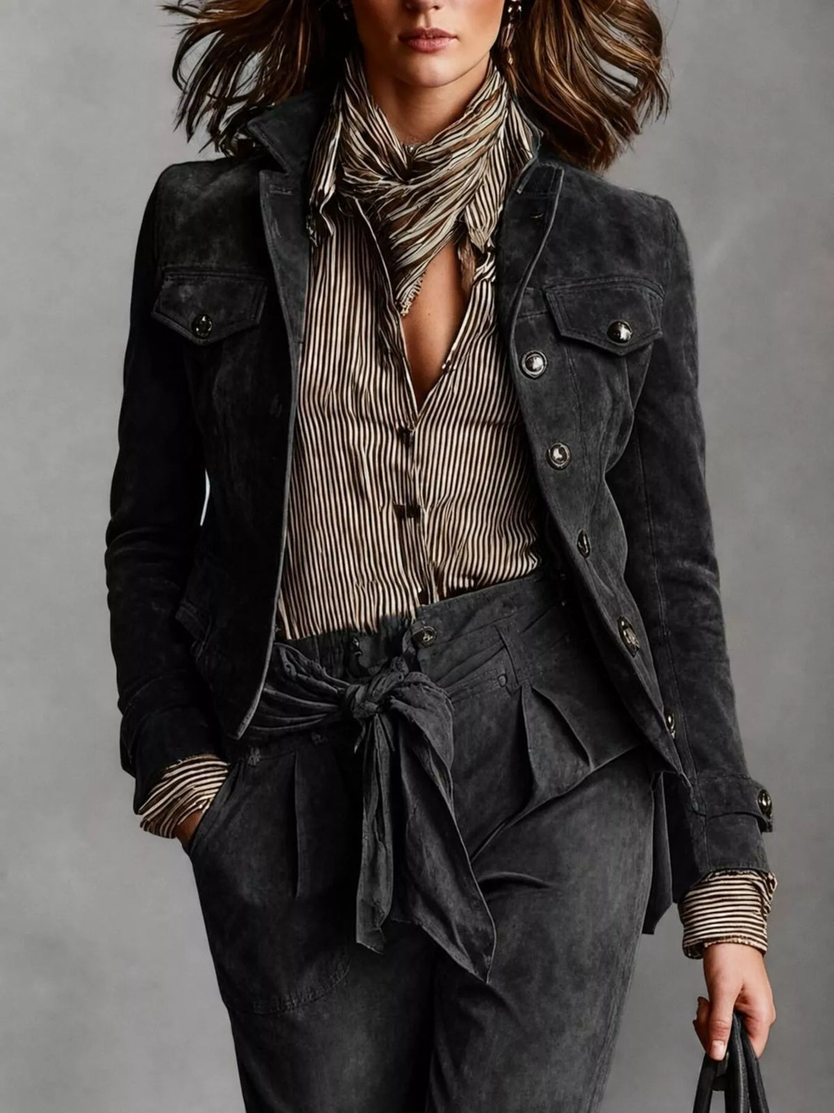 Full Size Suede Utility Blazer with Button-Front Detail Plus Size in Black