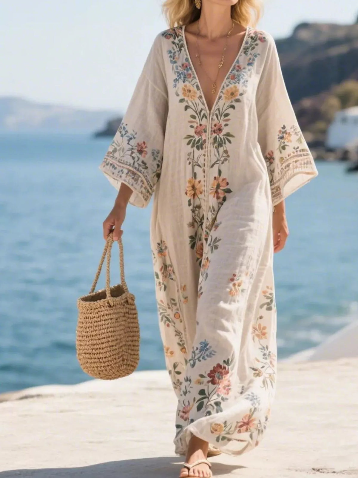 Full Size Printed V-Neck Maxi Dress Plus Size - Lilixa.store