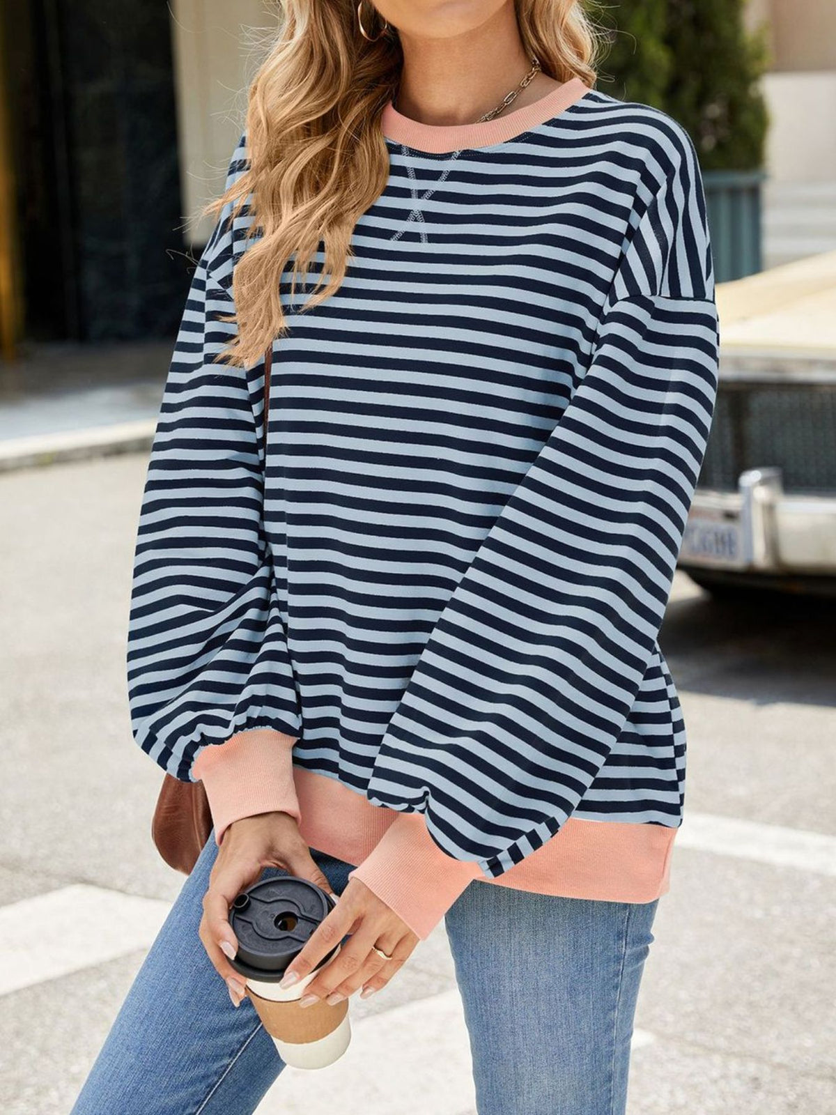 Striped Crew Neck Long Sleeve Sweatshirt - Lilixa.store