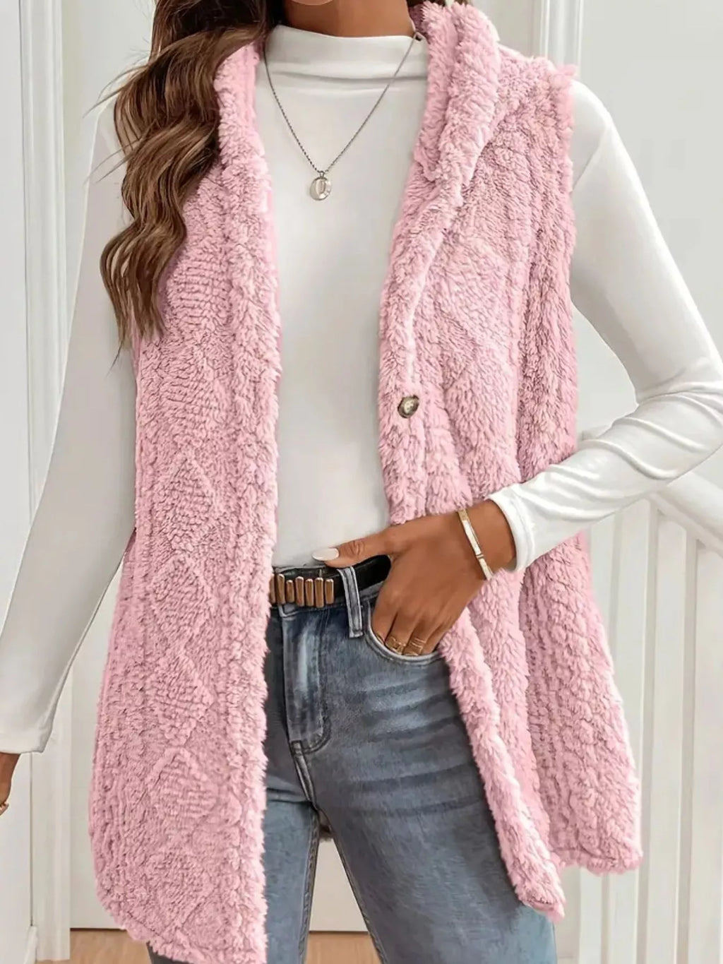 Hooded Button-Up Sherpa Vest Coat - Lilixa.store