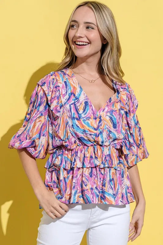 And The Why Printed Lantern Sleeve Blouse - Lilixa.store