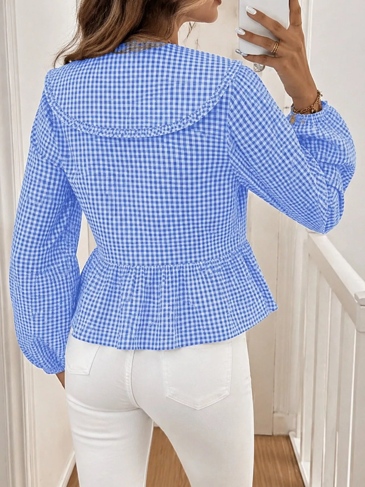 Gingham Tie-Front Peplum Blouse - Lilixa.store