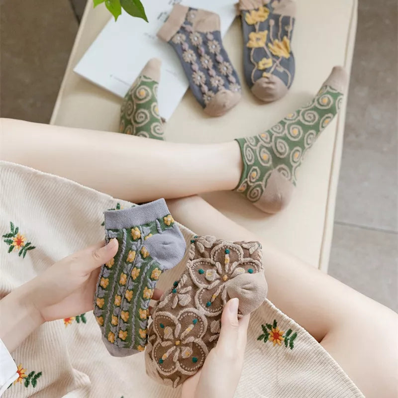5 Pair Vintage Textured Ankle Socks Set