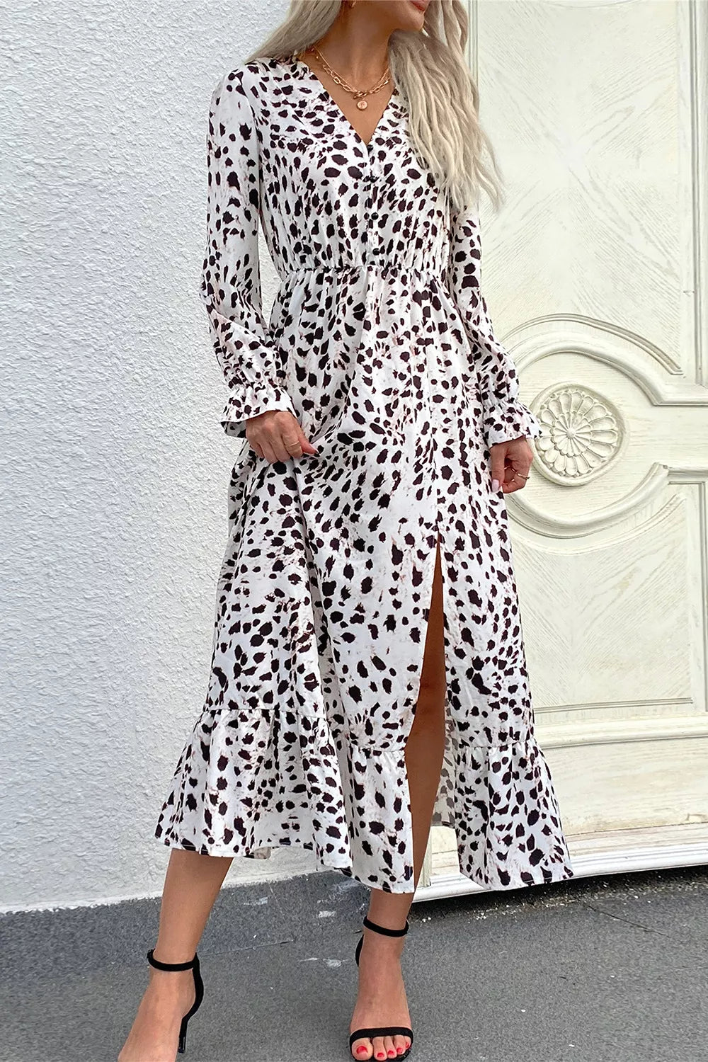 Slit Ruffled Hem Flounce Sleeve Midi Dress