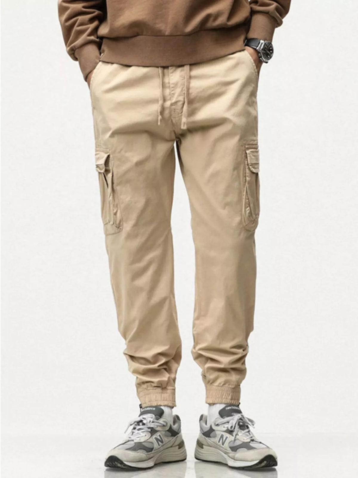 Men's Full Size Casual Cargo Pants with Drawstring Waist Plus Size in Khaki