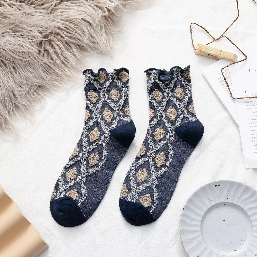 Vintage Argyle Pattern Crew Socks in Navy Blue