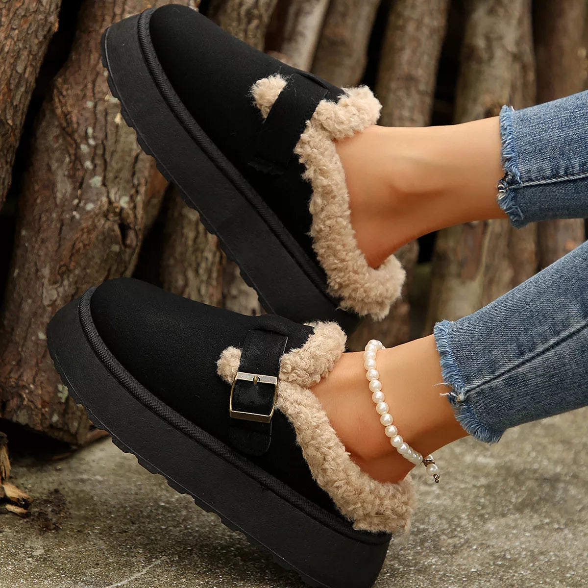Fuzzy Trim Buckle Platform Slippers - Lilixa.store