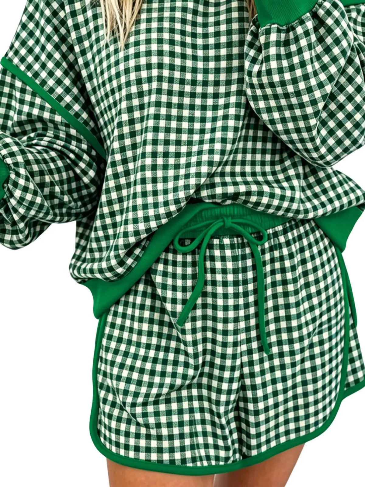 Gingham Long Sleeve Sweatshirt and Shorts Set