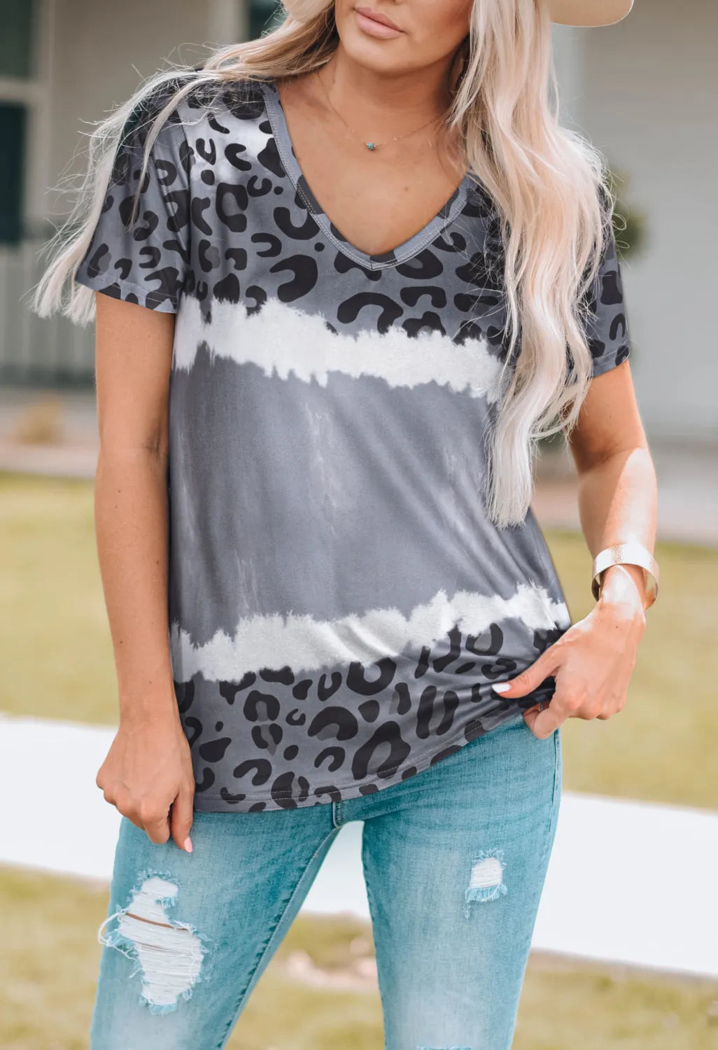 Leopard V-Neck Short Sleeve T-Shirt - Lilixa.store