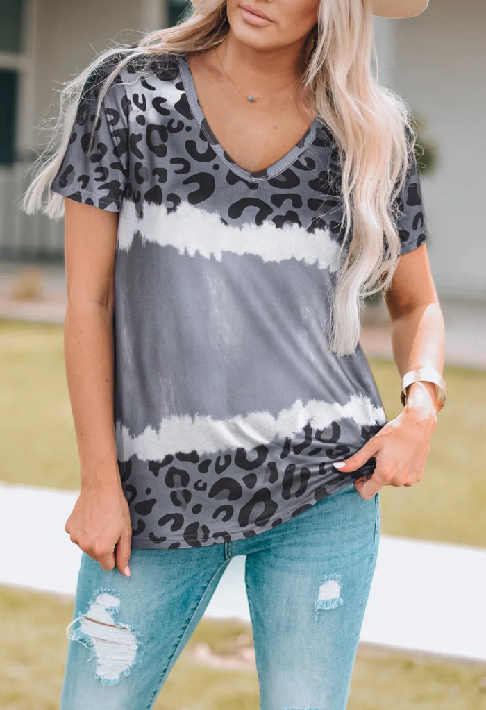 Leopard V-Neck Short Sleeve T-Shirt - Lilixa.store