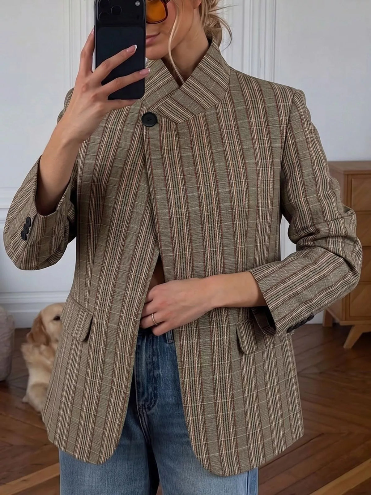 Plaid Single-Button Blazer - Lilixa.store