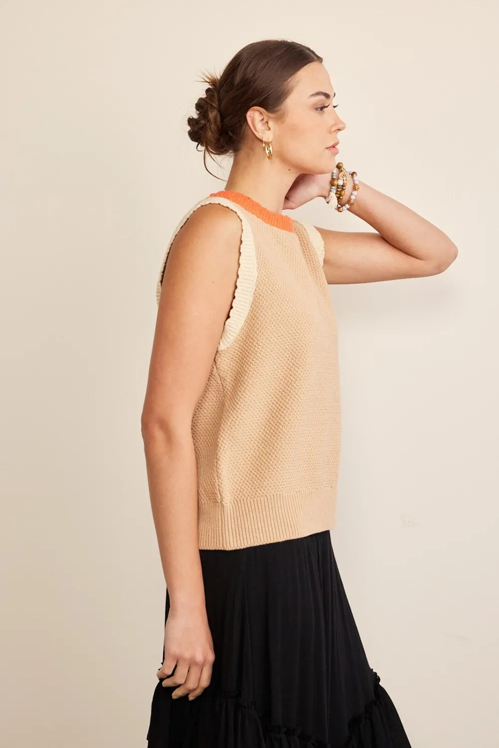 In February Contrast Round Neck Sweater Vest in Taupe Multi, view 3
