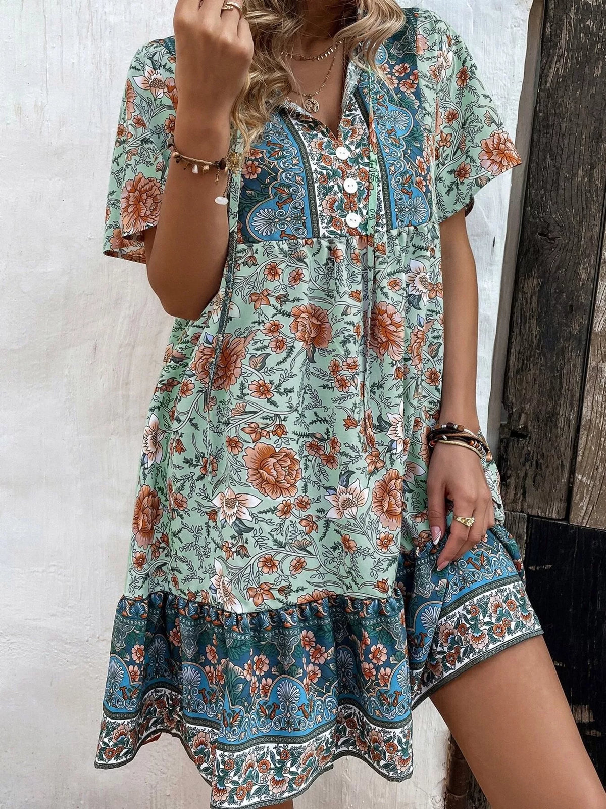 Floral Print Tie-Neck Ruffle Hem Mini Dress in Green
