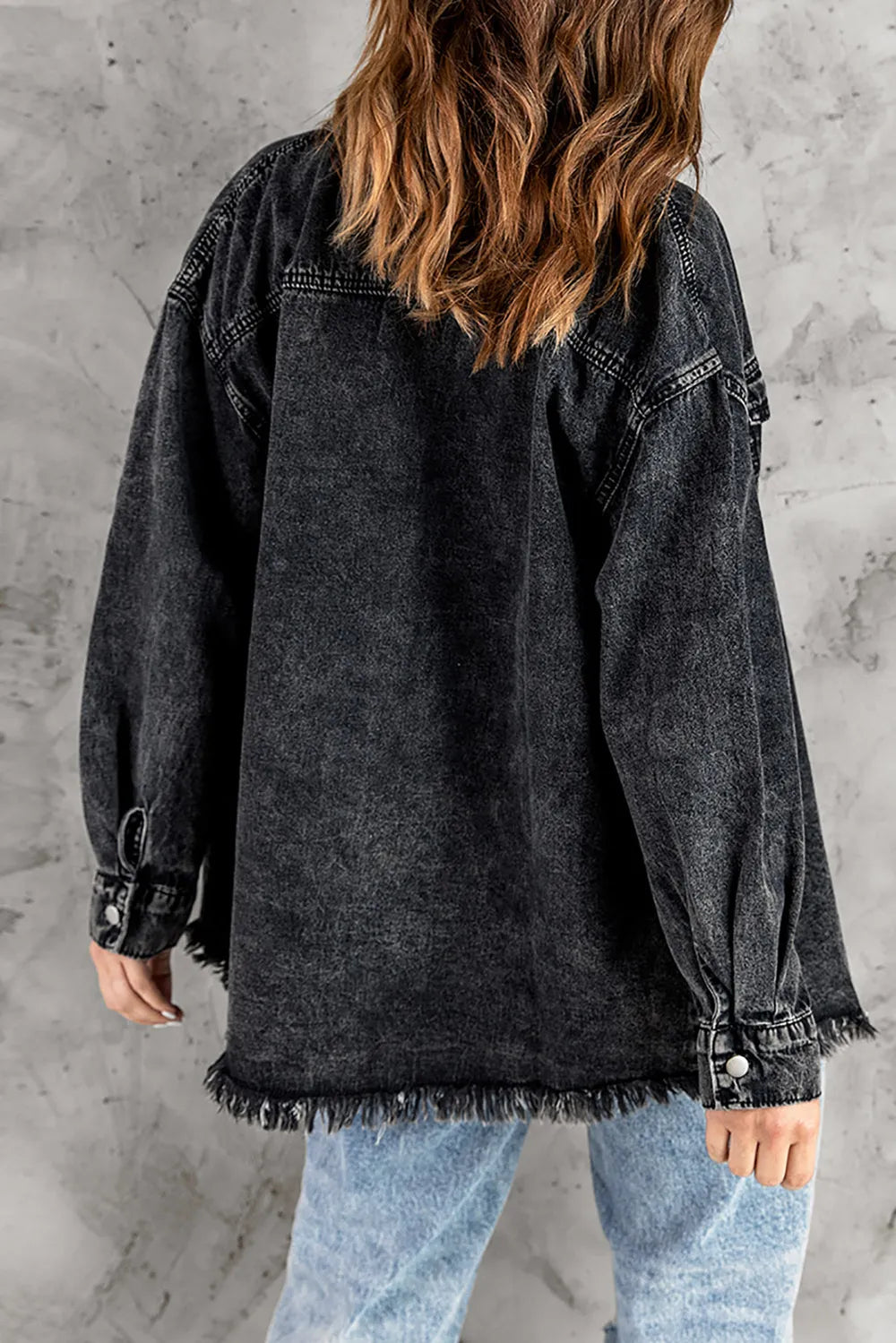 Button Up Pocketed Raw Hem Denim Jacket, view 4
