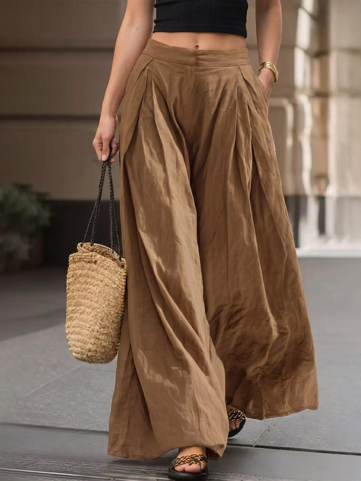 High-Waisted Pleated Wide-Leg Pants in Deep Khaki Color