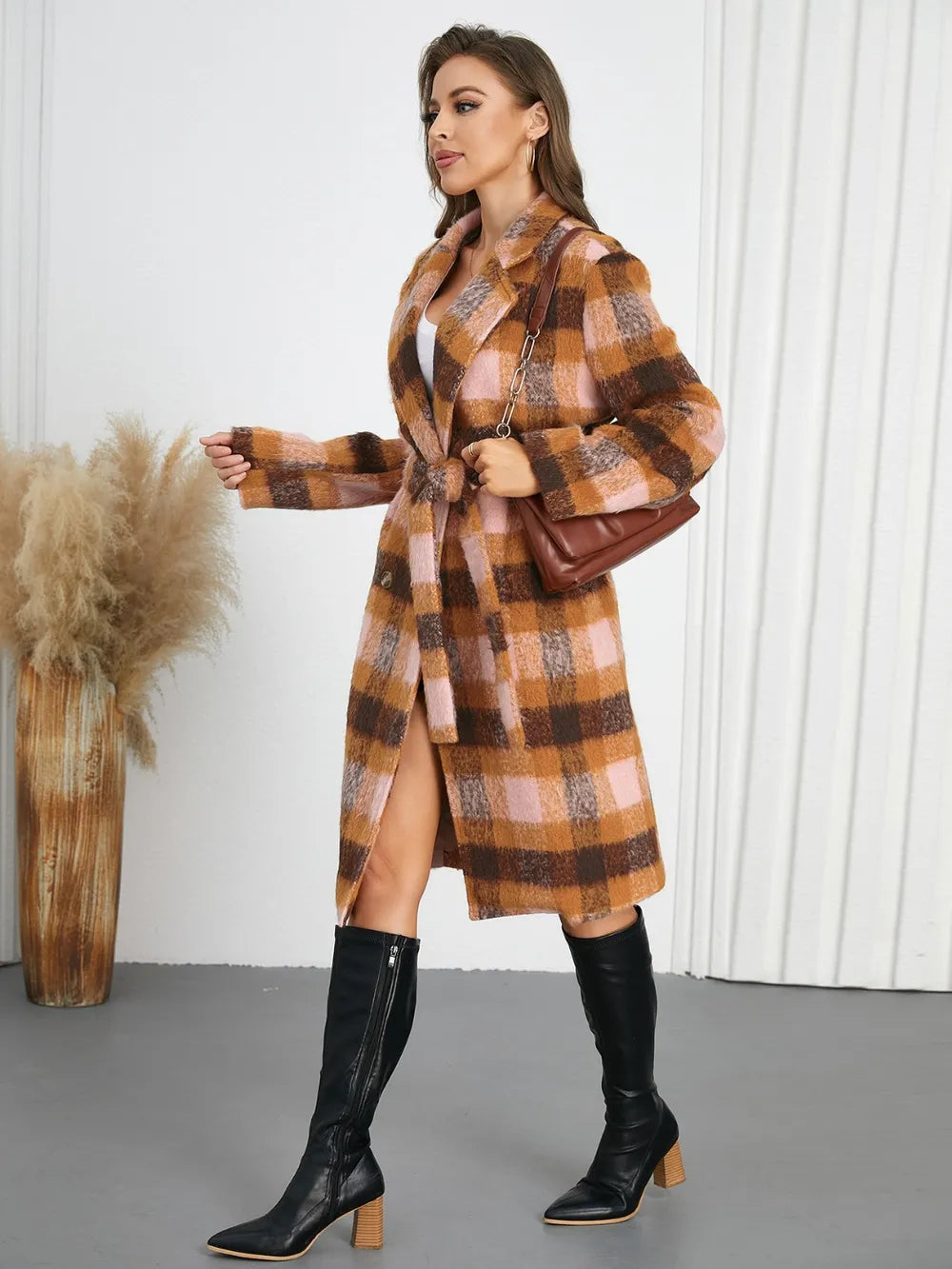 Tied Plaid Collared Neck Coat, view 9