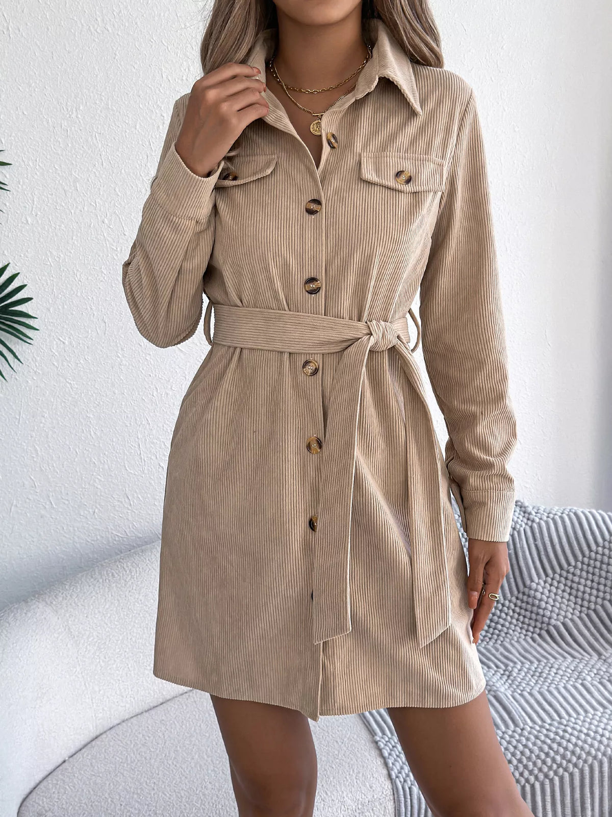 Corduroy Button-Down Shirt Dress - Lilixa.store