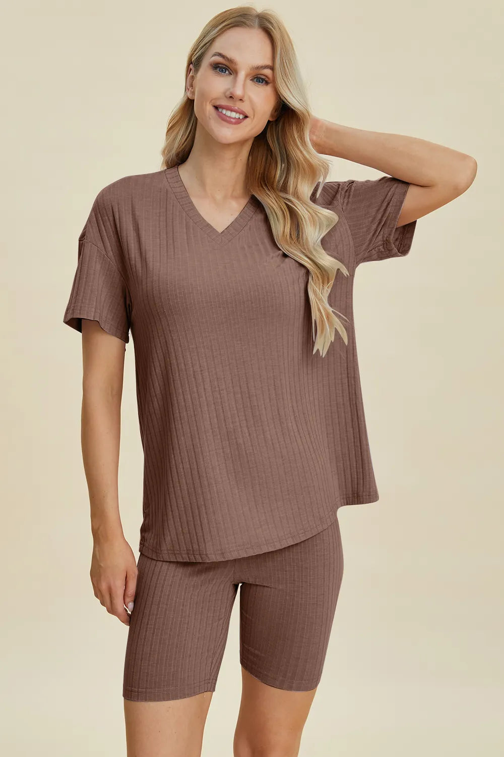 Basic Bae Full Size Ribbed V-Neck Short Sleeve Top and Shorts Set - Lilixa.store