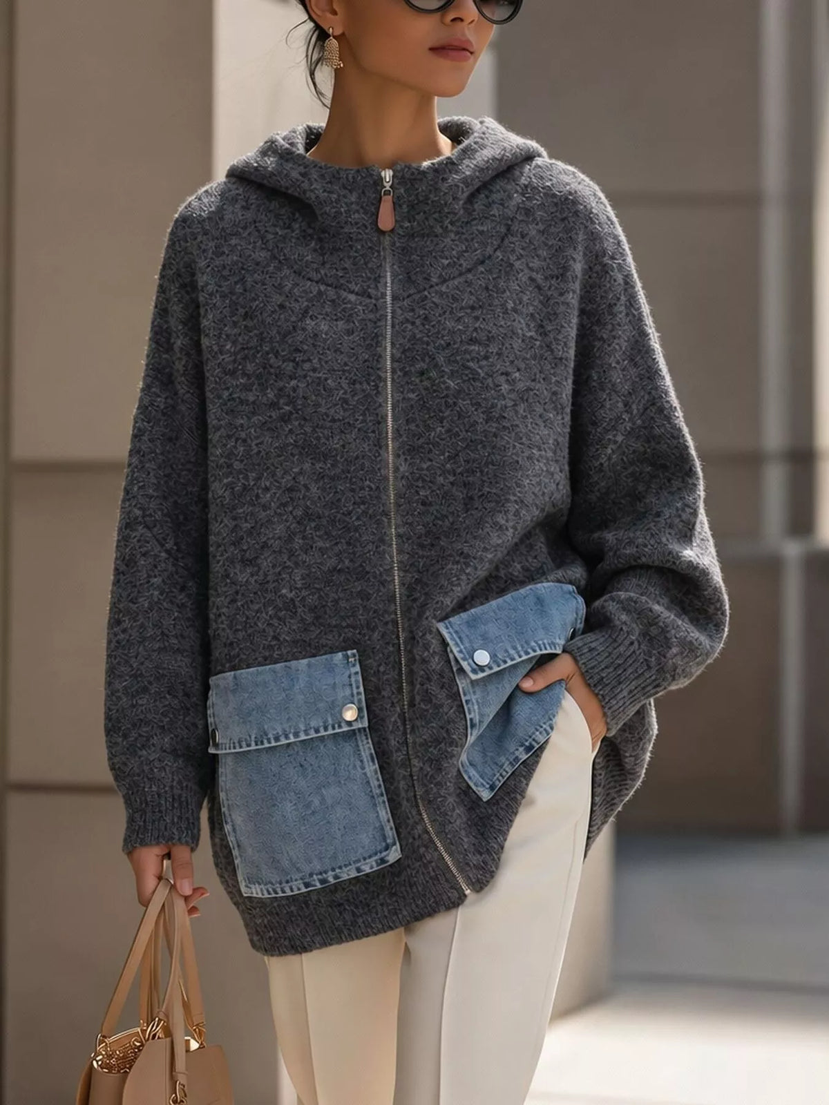 Contrast Denim Pockets Hooded Cardigan - Lilixa.store