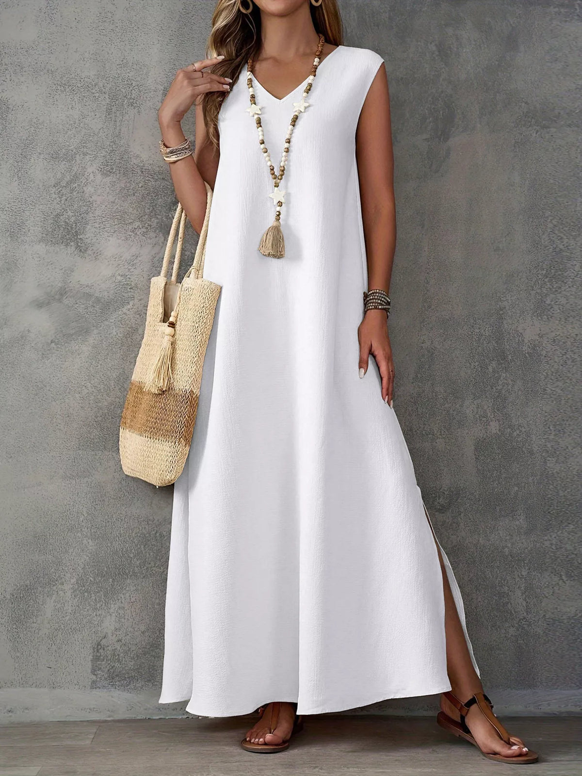 Sleeveless V-Neck Side-Slit Maxi Dress in White