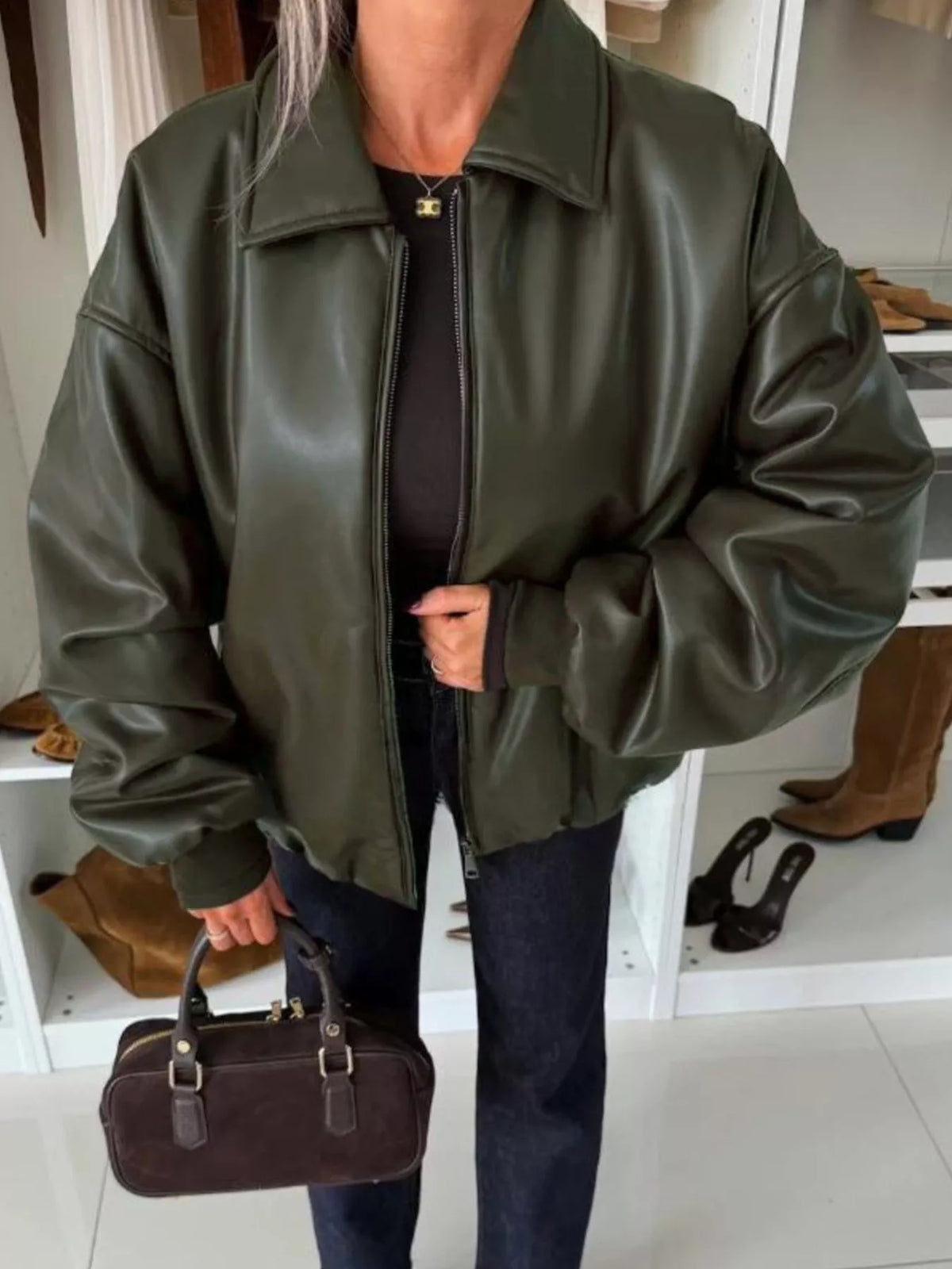 Zip Up Dropped Shoulder Jacket in Olive Green