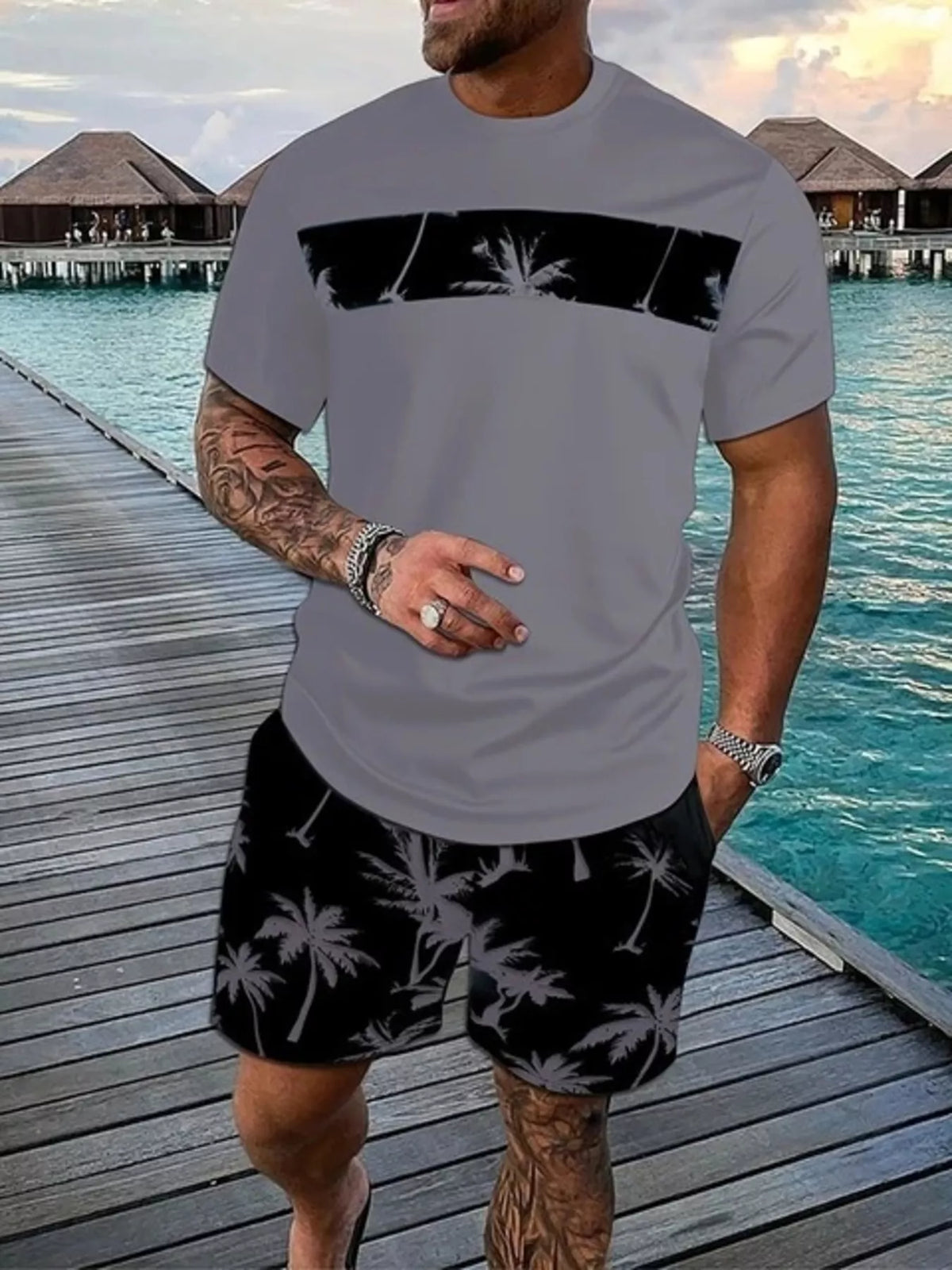 Men's Full Size Tropical Palm Tree Tee and Shorts Set Plus Size - Lilixa.store