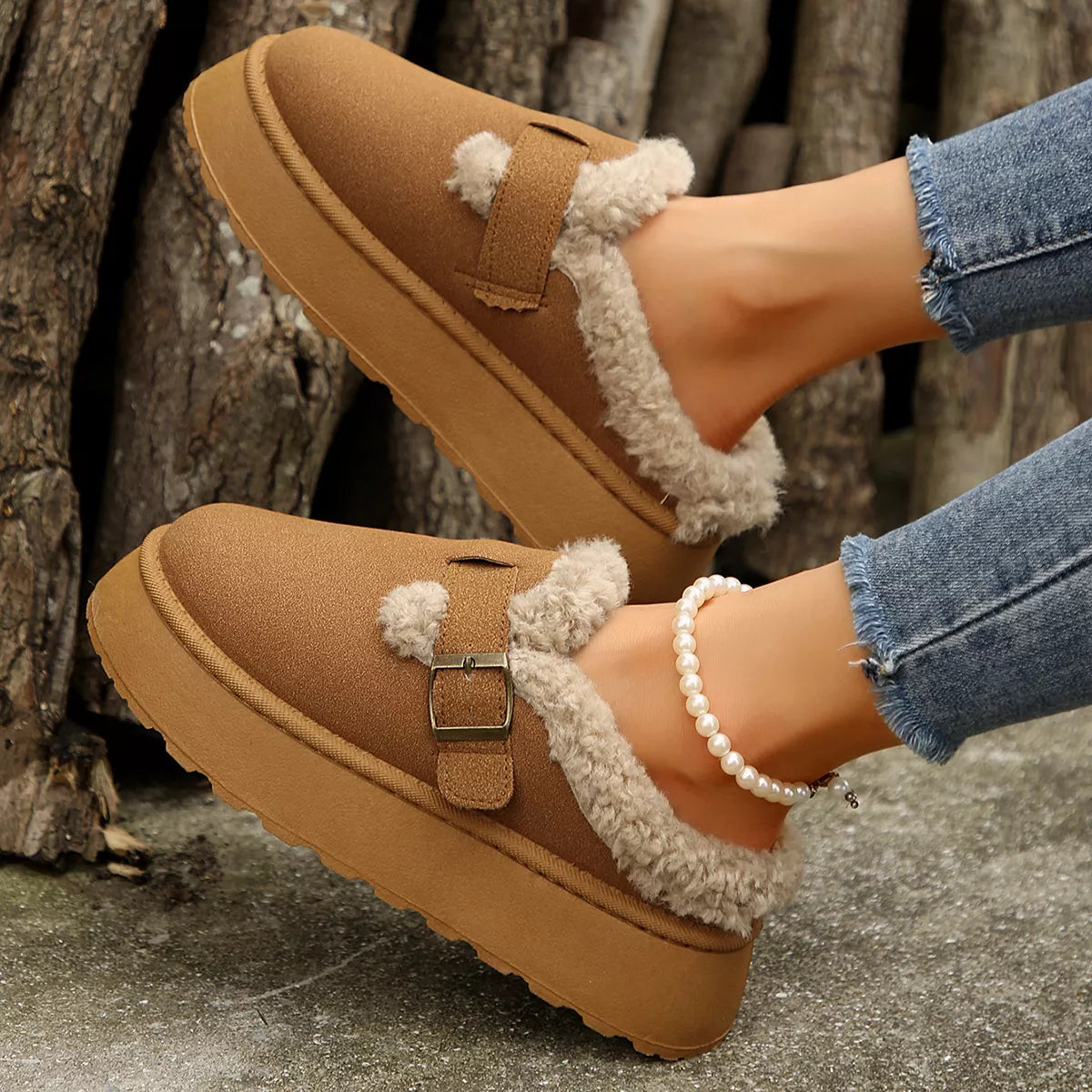Fuzzy Trim Buckle Platform Slippers - Lilixa.store